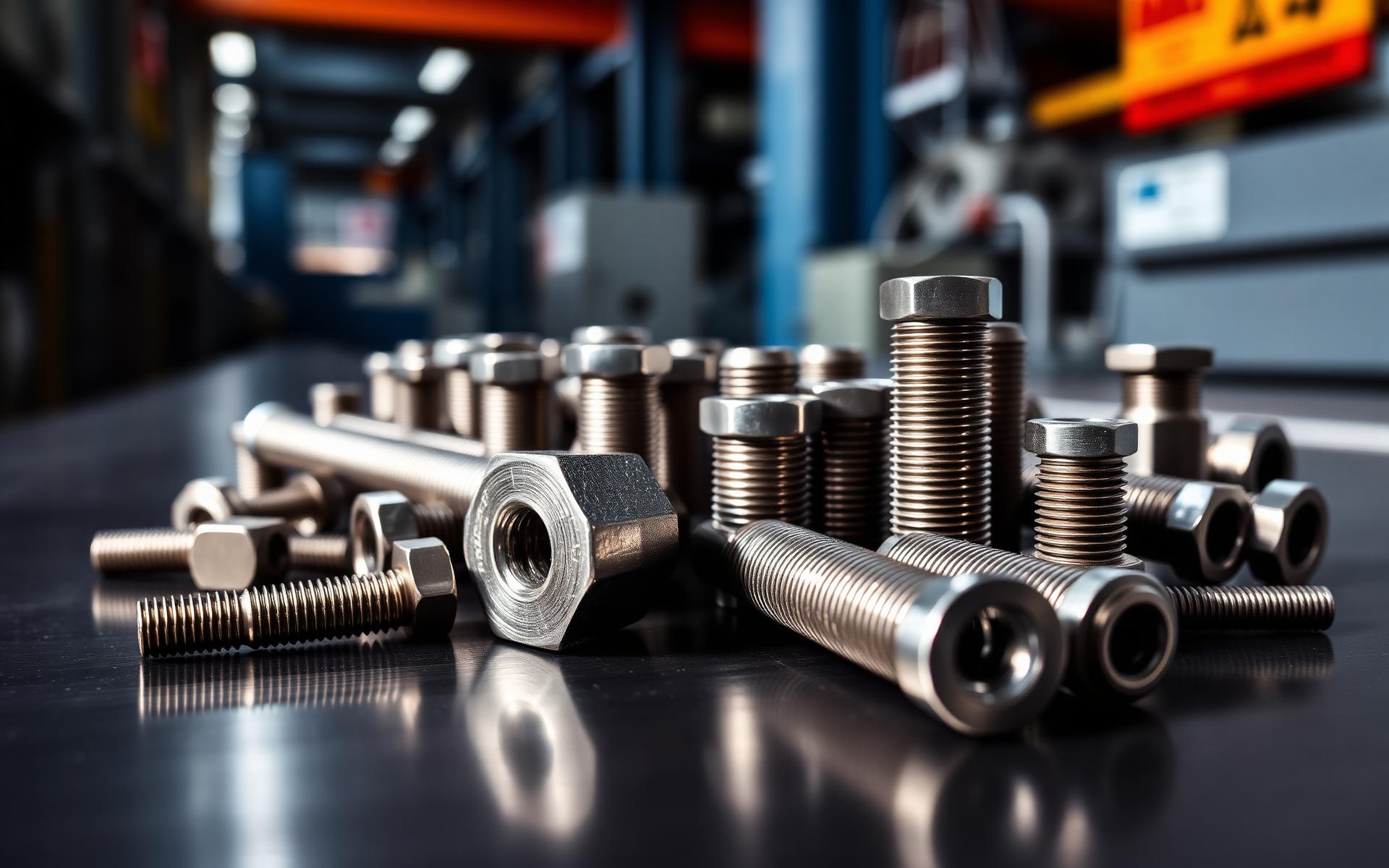 Industrial bolts, nuts and washers on a workbench